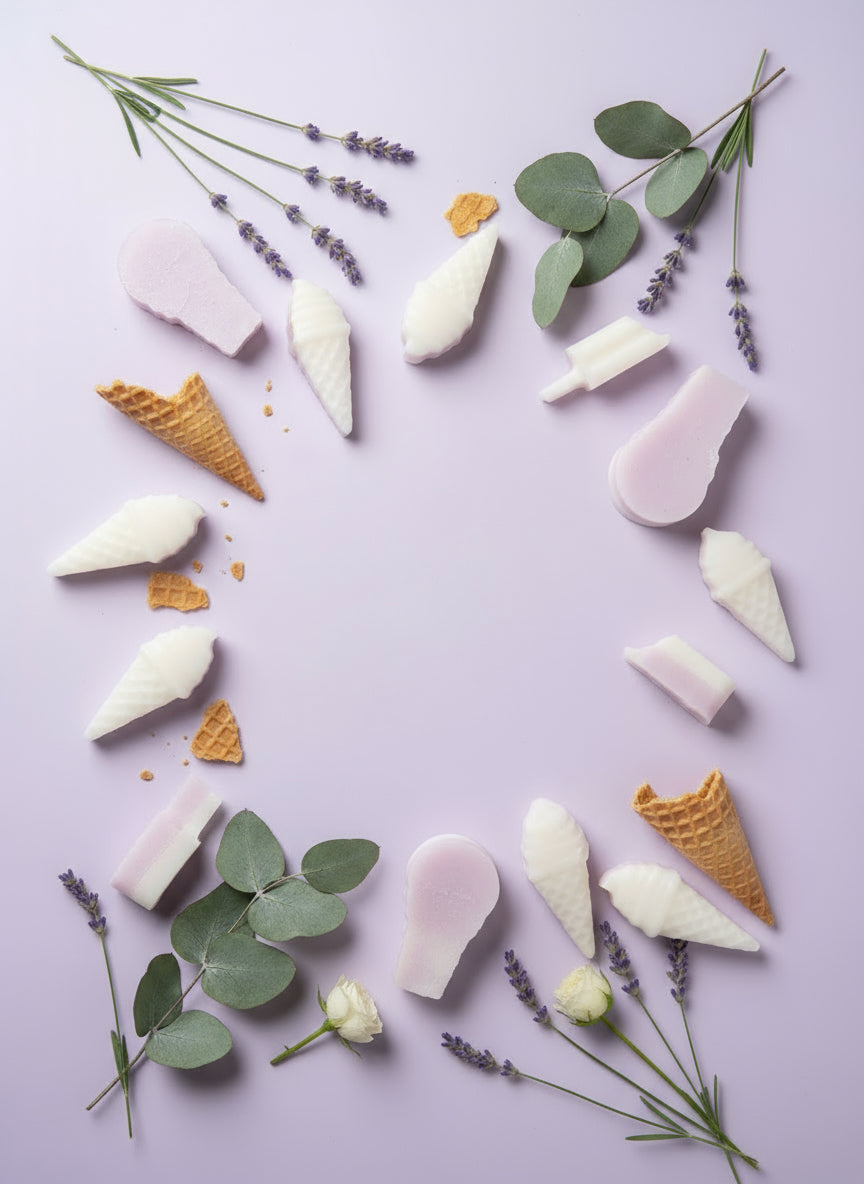 Playful mini ice cream cone soaps with nourishing frosted bar formula. purple and white mini soap , with waffle cone and berry styling ,lavender scented.