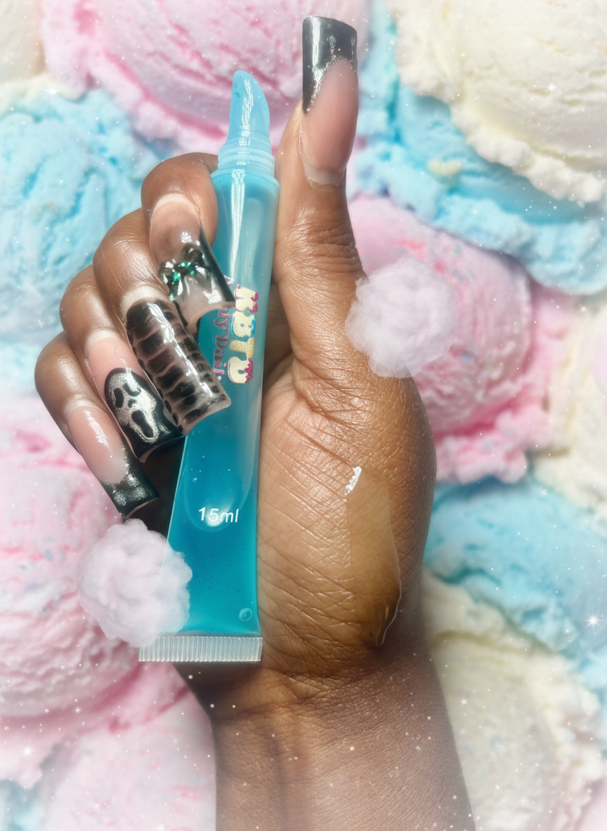 Sugar Kisses organic vegan lip gloss with cotton candy flavor and shiny finish