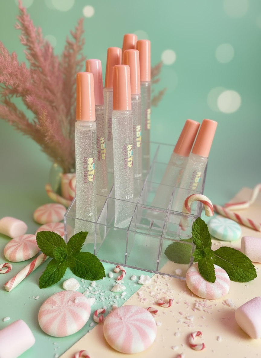 Mint Kisses organic vegan lip plumping gloss with cooling mint formula. 