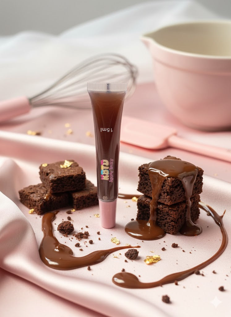 Lip gloss with brown chocolate sauce on brownies on a pink fabric background.
Dipped in Cocoa organic vegan lip gloss with chocolate brownie flavor.