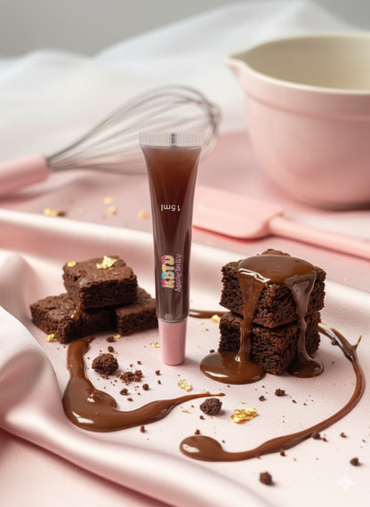 Lip gloss with brown chocolate sauce on brownies on a pink fabric background.
Dipped in Cocoa organic vegan lip gloss with chocolate brownie flavor.